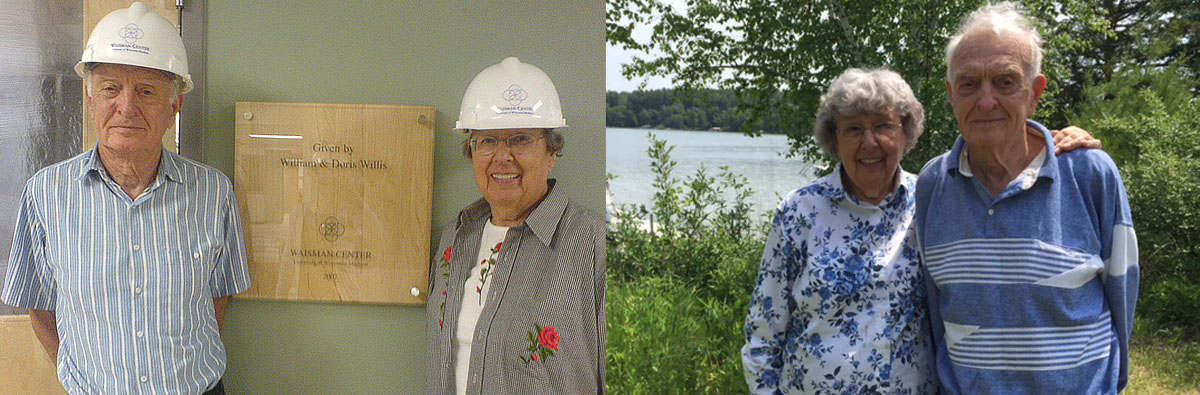 Bill and Doris Willis at a 2007 visit to the Waisman Center (left), and in Wautoma, Wisconsin in 2016