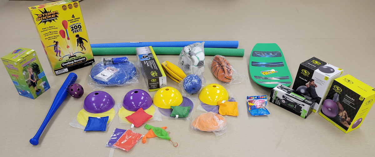 Examples of equipment provided by the Fit Families Programs for kids to play at home with their parents.