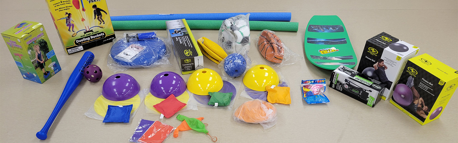 Examples of equipment provided by the Fit Families Programs for kids to play at home with their parents.